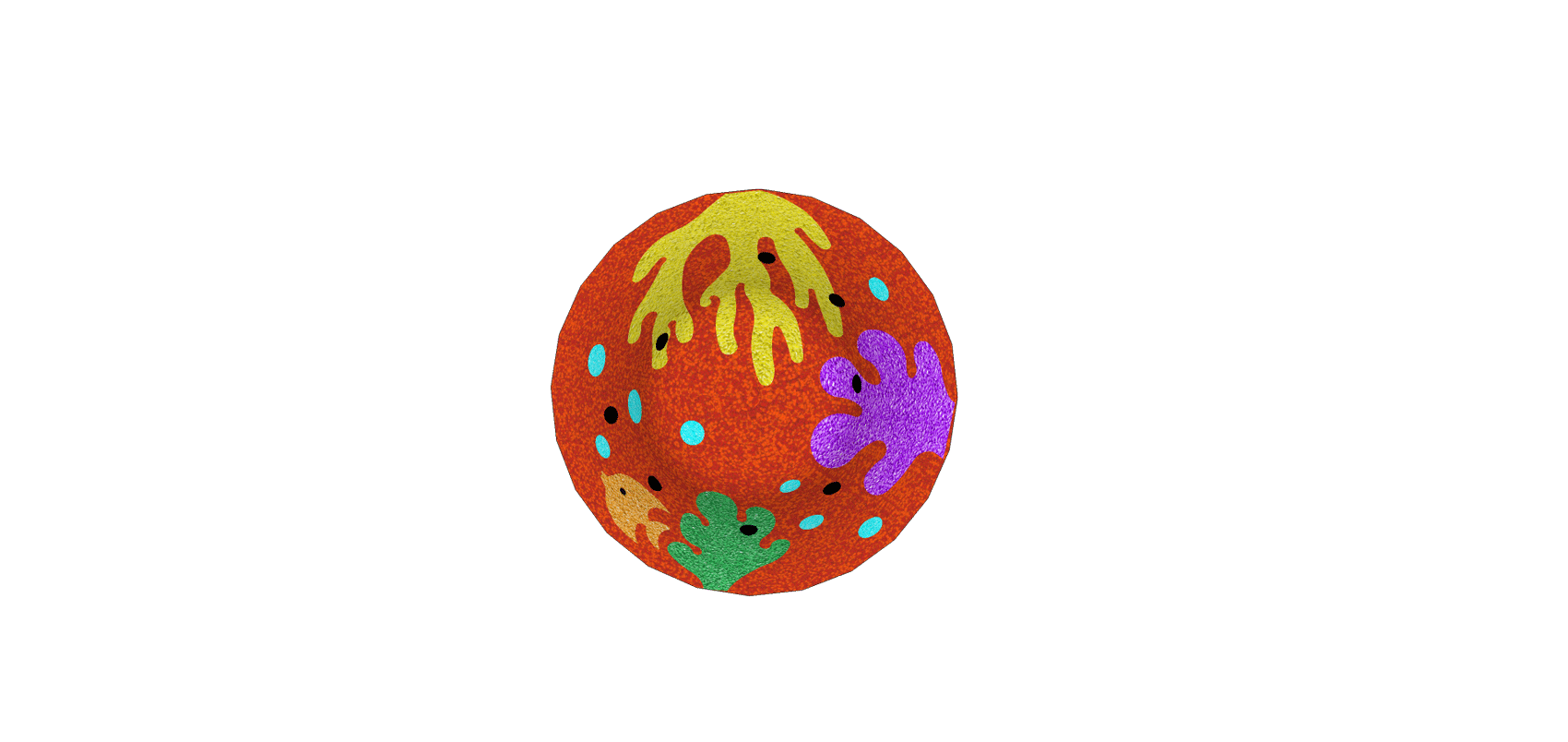 coralrev i 3D for lekeplassen rød, gul, lilla og orange