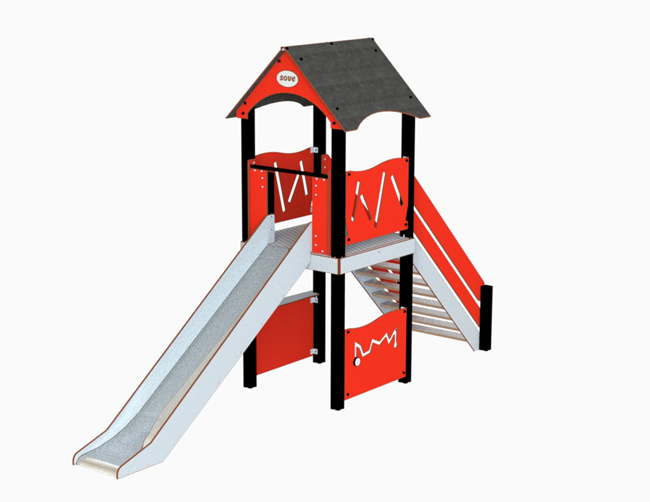 rød lekeseksjon med rutsjebane og trapp