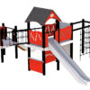 Rød lekeapparat med rutsjebane, klatrenett og lekehus under
