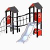 Rød lekeseksjon med to lekehus, rutsjebane og nettbro med mer