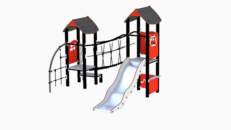 Rød lekeseksjon med to lekehus, rutsjebane og nettbro med mer
