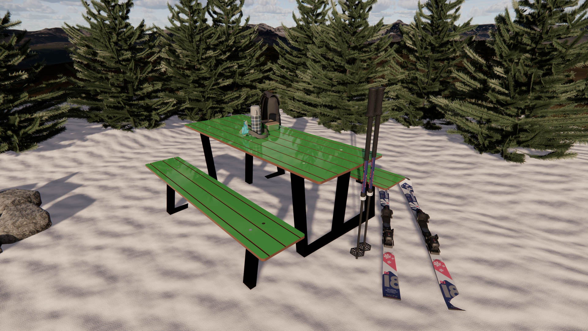 Piknikbord i vintermiljø