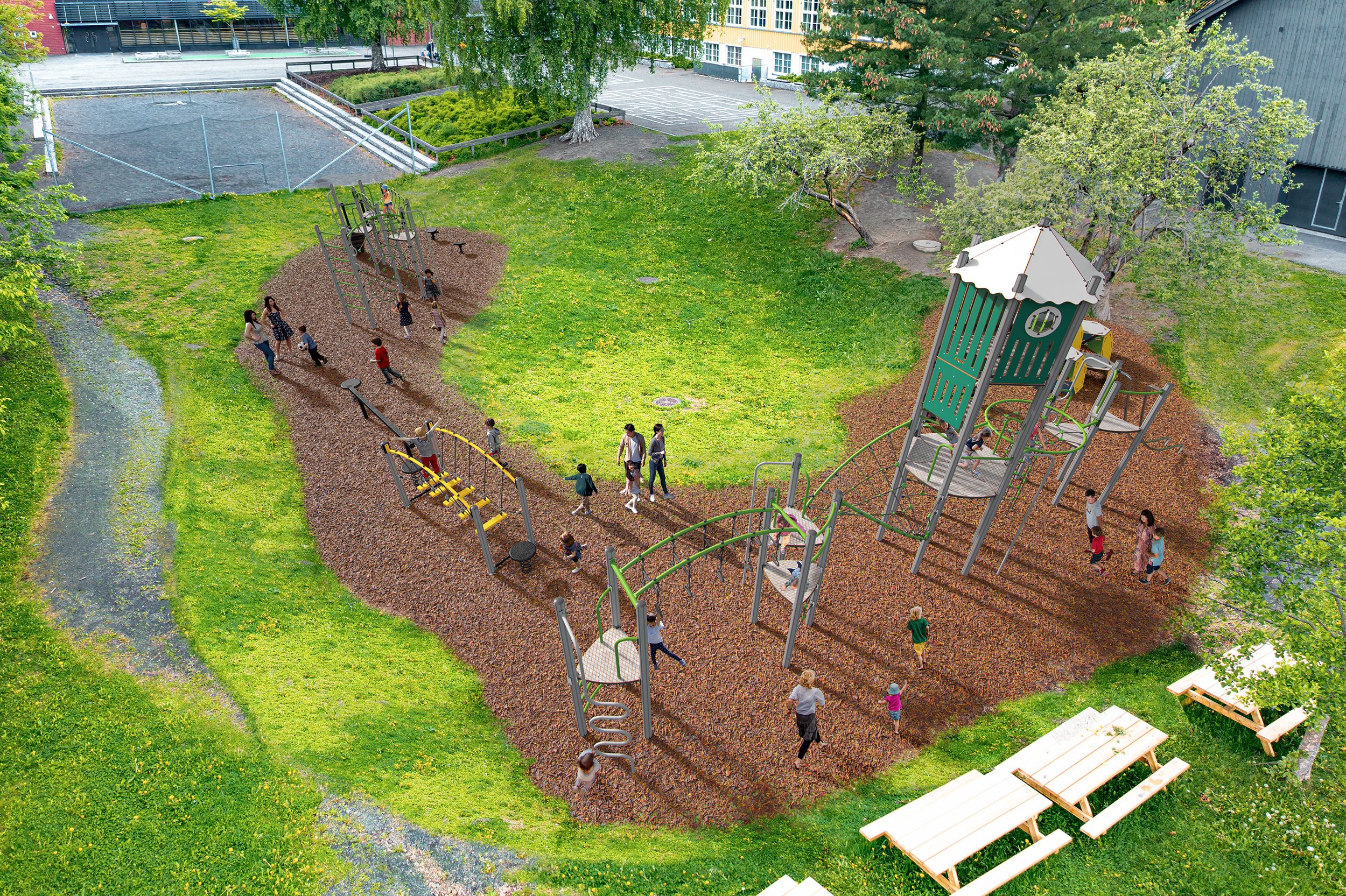 Illustrasjon av skolemiljø utendørs med lekeapparater